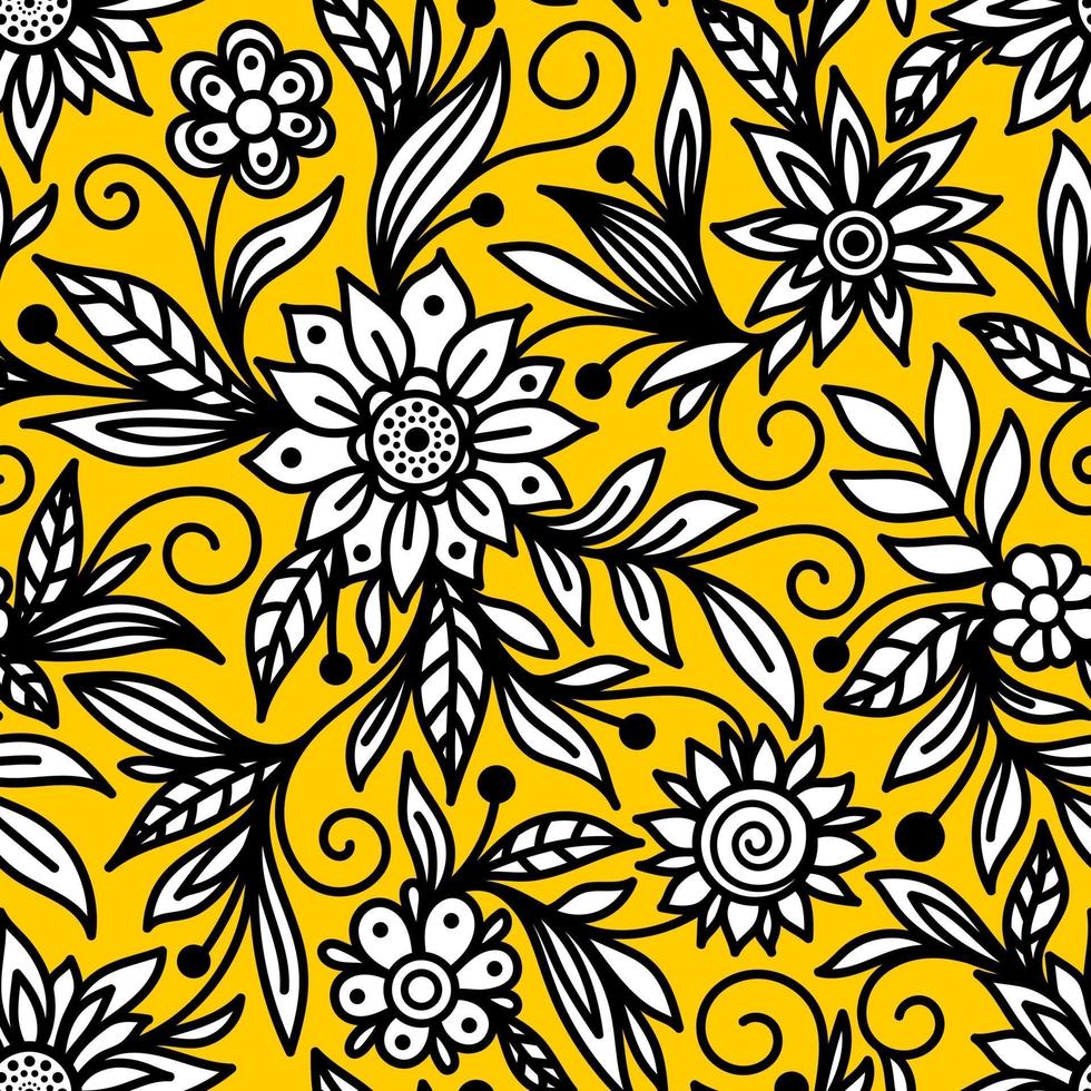 Yellow seamless vector background with white flowers