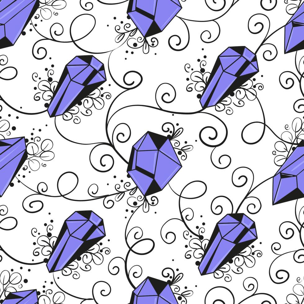 Seamless pattern with crystals and decorative monogram elements. Flat vector background