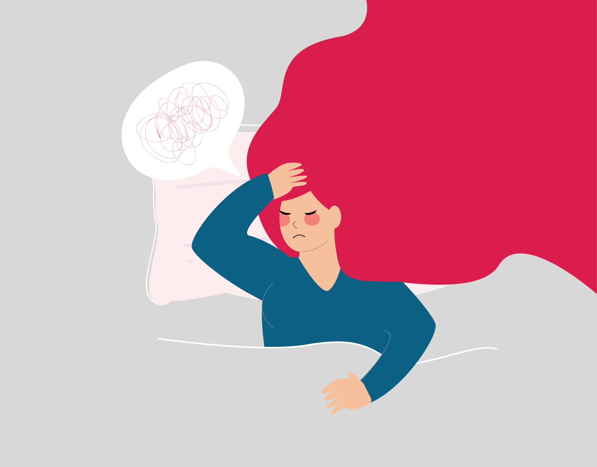 Woman has trouble sleeping and suffer from insomnia. Girl has difficult