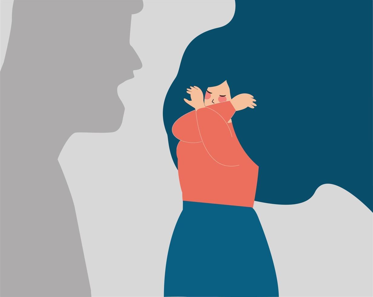 A dangerous human shadow threatens a woman. Strong young girl says no to abuse and protects herself. Domestic violence, school bullying, protest against aggressively concept. Vector illustration.