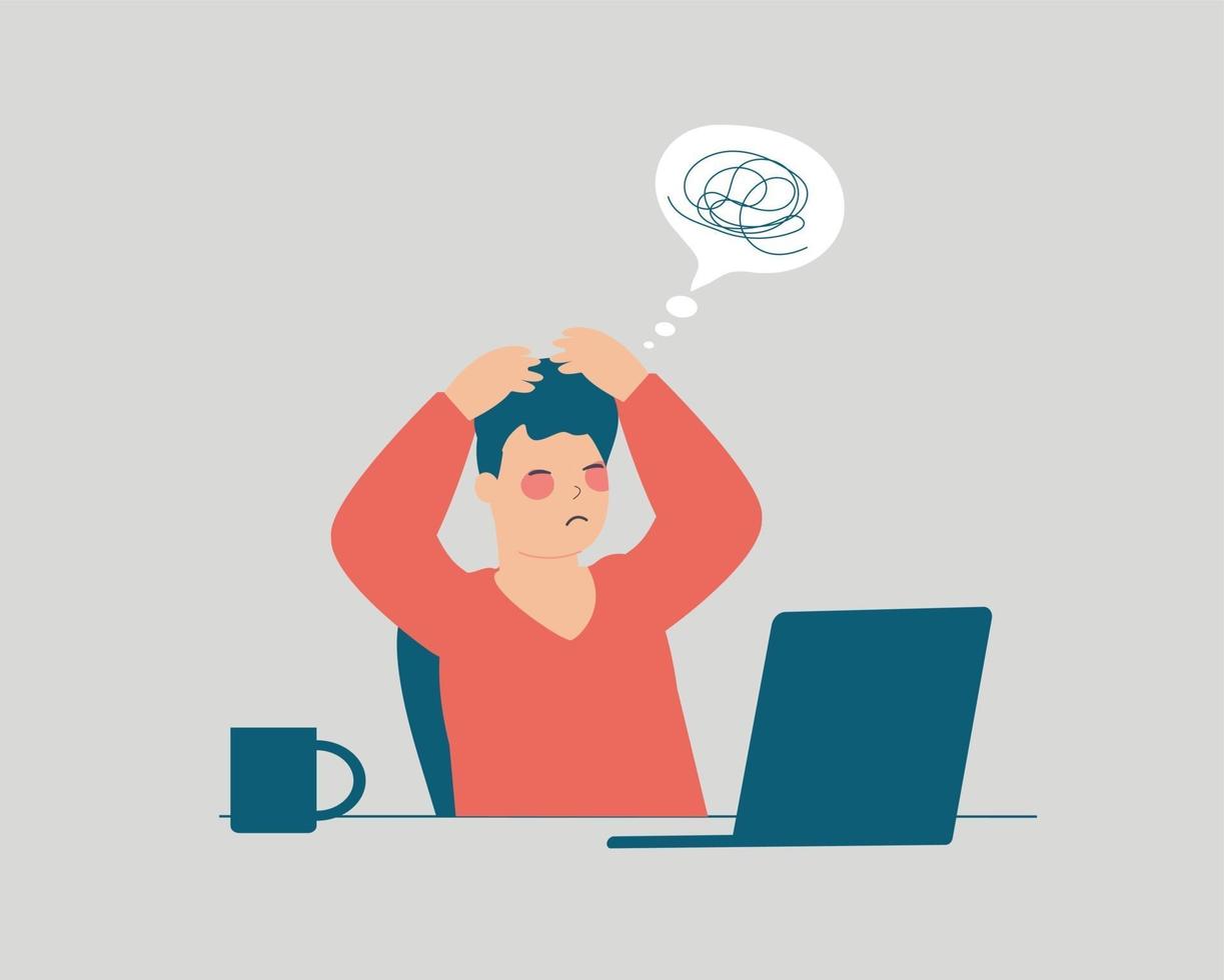 Professional man sits in front of his computer and feeling tired. Young businessman or employee feeling confused sad. Mental health disorder, anxiety, depression, stress concept. Vector illustration.