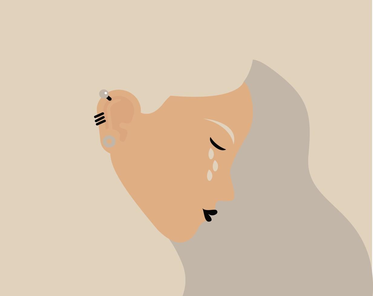 Sad young woman is crying and looks depressed. Side view of weeping girl emotions grief. Stressed child with piercings in the ear. Mental health disorders, abused teenager concept. Vector illustration