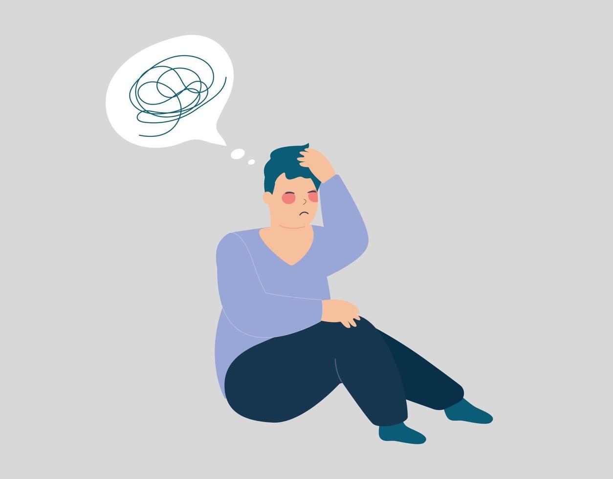 Unhappy man sits on the floor. Male with tangled thoughts. Sad Male has confused negative thinking. Depressed boy adolescent has memory difficulties. Concept of mental disorder. Vector illustration.