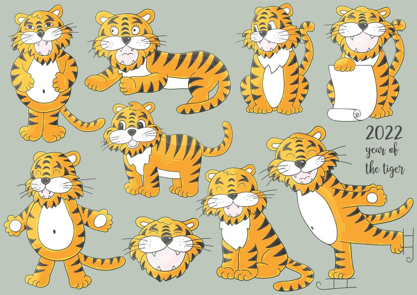 Tiger in hand draw style. Symbol of 2022. Collection New Year 2022 vector