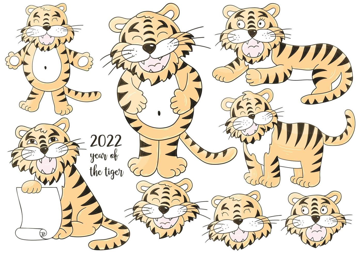 Tiger in hand draw style. Symbol of 2022. Collection New Year 2022 vector