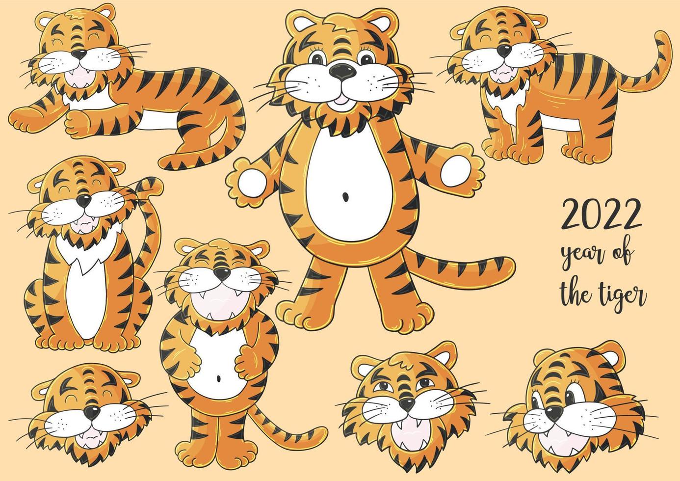 Tiger in hand draw style. Symbol of 2022. Collection New Year 2022 vector