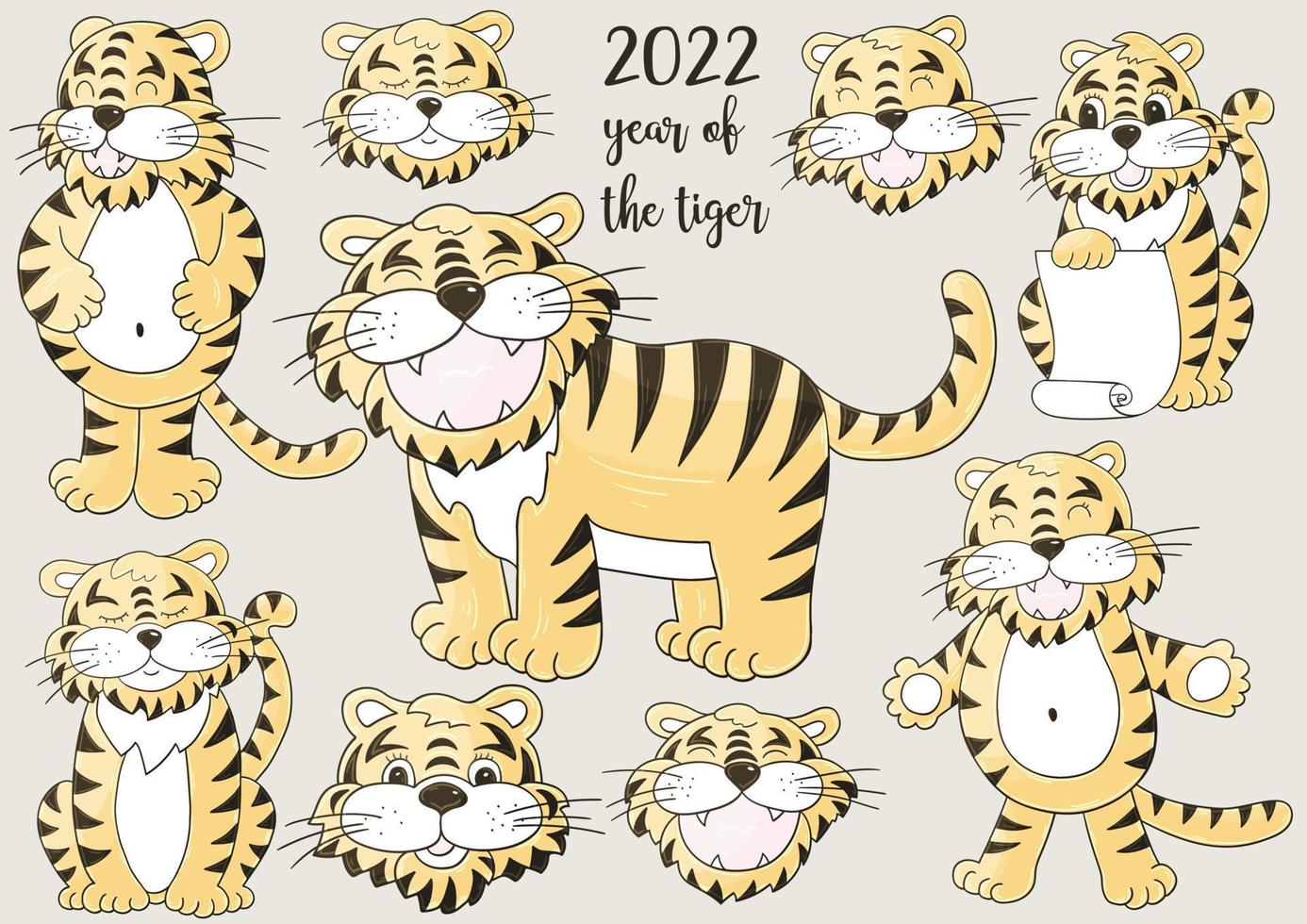 Tiger in hand draw style. Symbol of 2022. Collection New Year 2022 vector