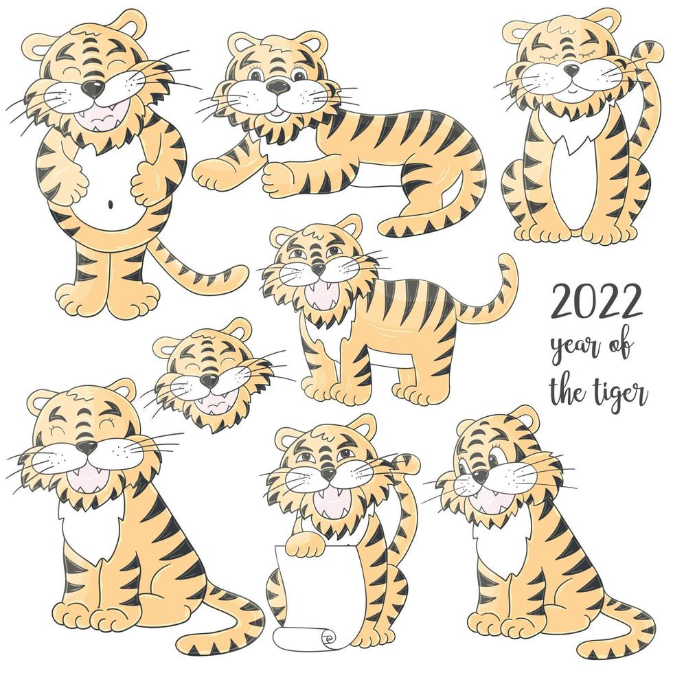 Tiger in hand draw style. Symbol of 2022. Collection New Year 2022 vector