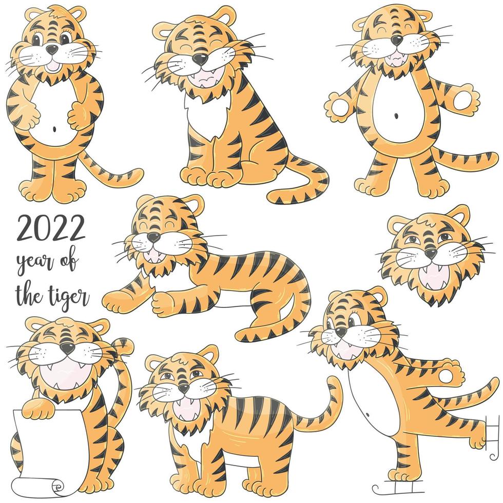 Tiger in hand draw style. Symbol of 2022. Collection New Year 2022 vector