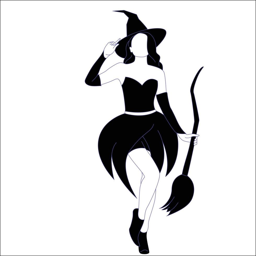 Halloween theme Character silhouette - witch with broom hand drawn silhouette, silhouette of evel  female with broom. Halloween isilhouette on isolated background. vector