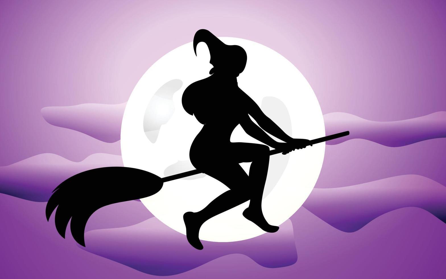 witch in front of full moon, Hand Drawn vector illustration of witch with broom, hand drawn vector illustration for halloween party background and invitation.