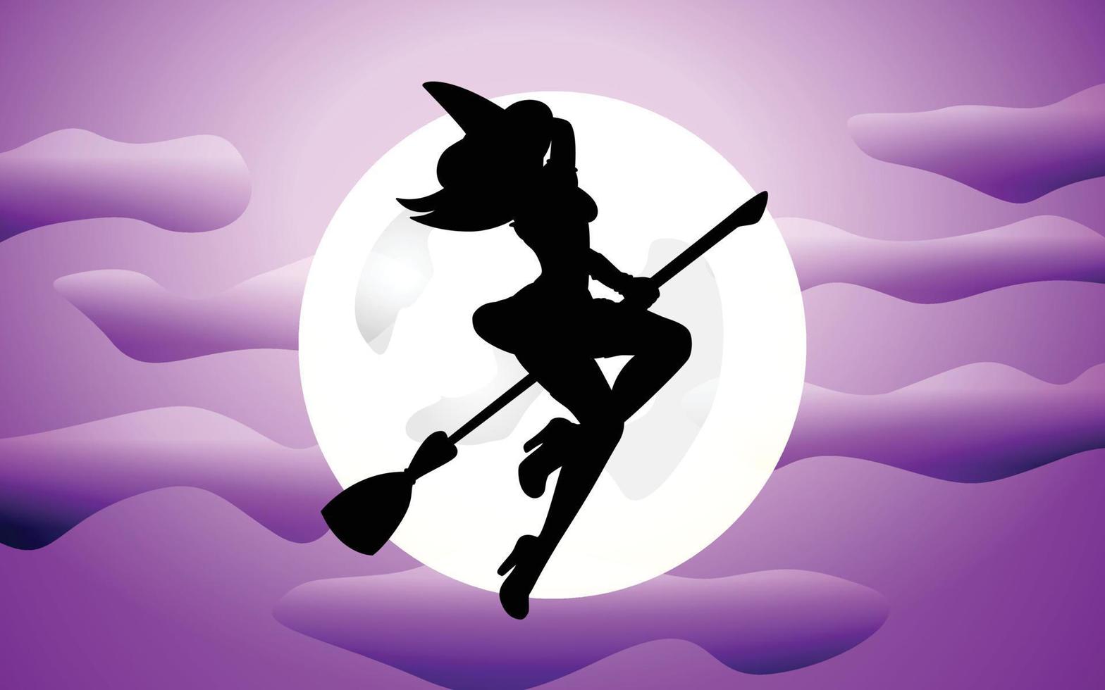 witch in front of full moon, Hand Drawn vector illustration of witch with broom, hand drawn vector illustration for halloween party background and invitation.