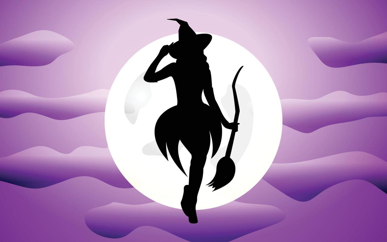 witch in front of full moon, Hand Drawn vector illustration of witch with broom, hand drawn vector illustration for halloween party background and invitation.