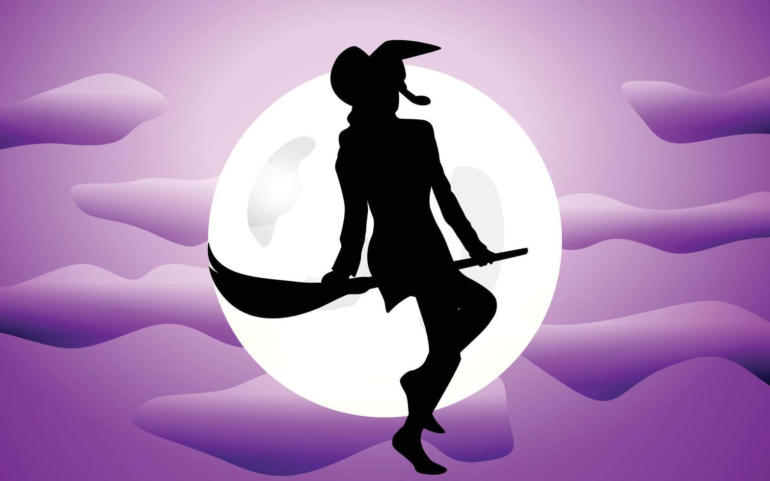 witch in front of full moon, Hand Drawn vector illustration of witch with broom, hand drawn vector illustration for halloween party background and invitation.