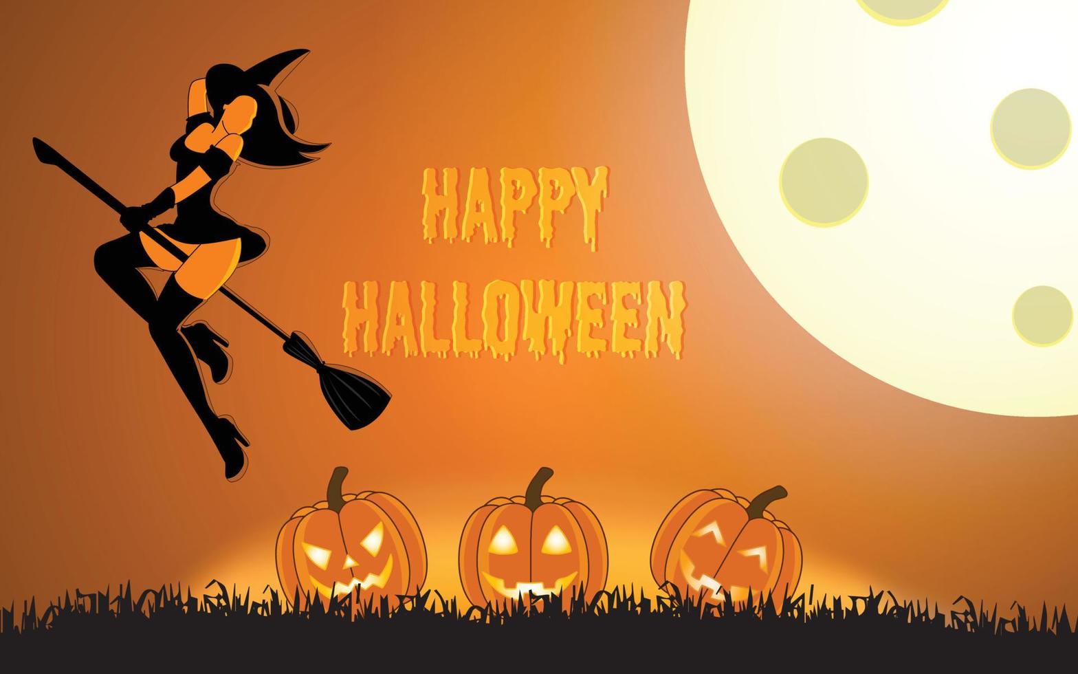 Halloween illustration for halloween party background and invitation, hand drawn vector halloween illustration with witch and cute scary pumpkin, halloween  illustration with giont moon on background.