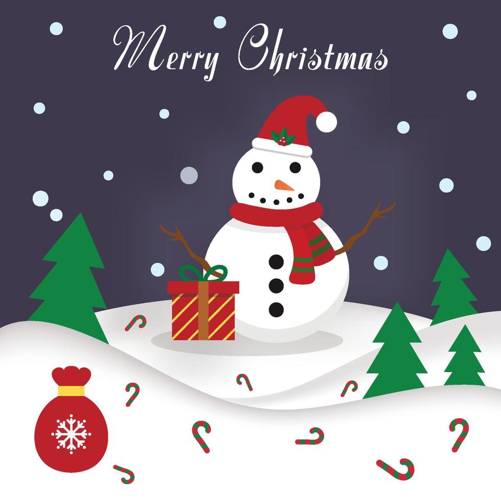 Plantilla de diseño de tarjeta de Navidad con muñeco de nieve y regalos. ilustración vectorial vector