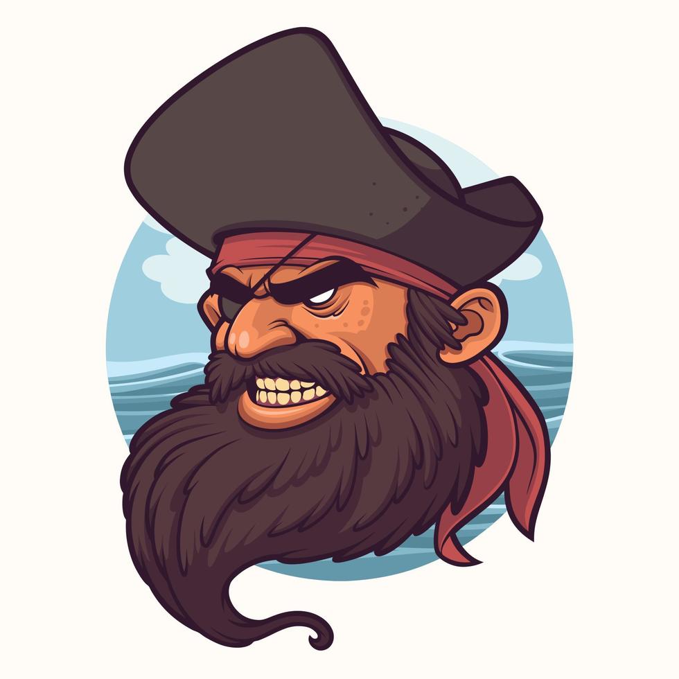 caricatura, pirata, cabeza, con, océano, plano de fondo vector