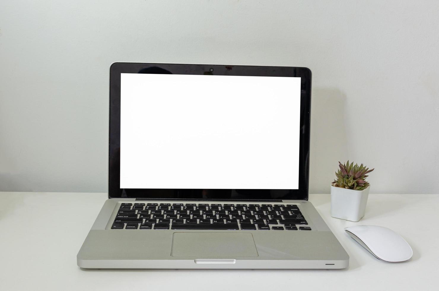 computer laptop mock up and mouse Cactus white blank screen on table. Used to advertise text on the computer screen. photo