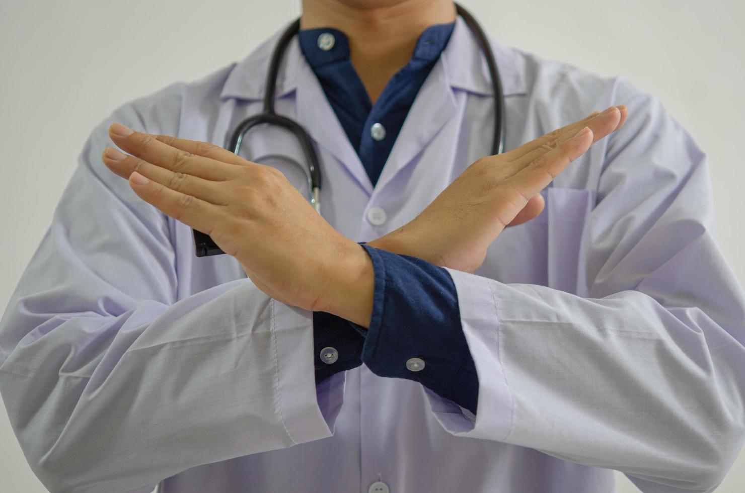 doctor raised his hand to stop at home to prevent the spread of infection. Distance social concept. photo