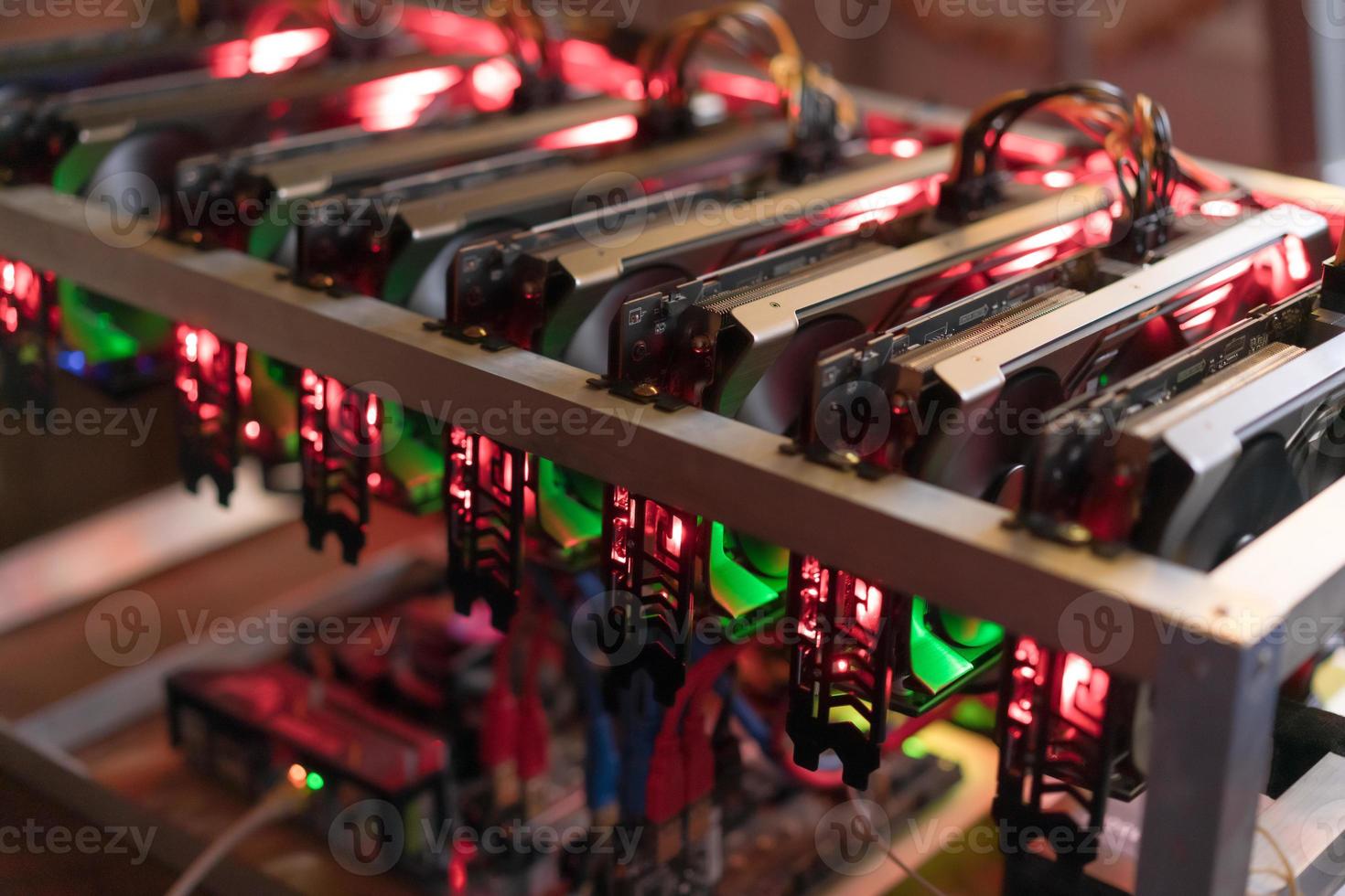 Bitcoin mining farm.  Graphics card for miner digital photo