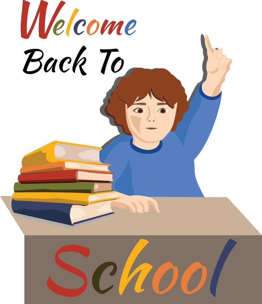 A  small child raises his hand to answer questions ,next to a group of colored books vector