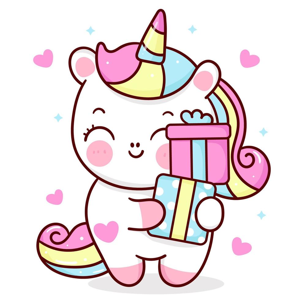 Cute unicorn cartoon kawaii vector holding birthday gift animal horn horse  fairytale illustration 3583497 Vector Art at Vecteezy