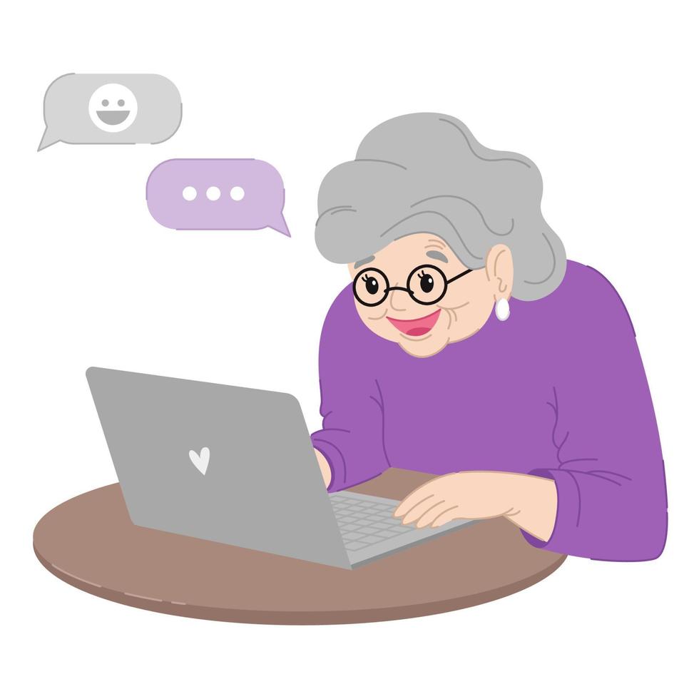 Cute happy grandmother is sitting at the laptop. Communication on social networks with relatives. An elderly person is studying modern technology. vector