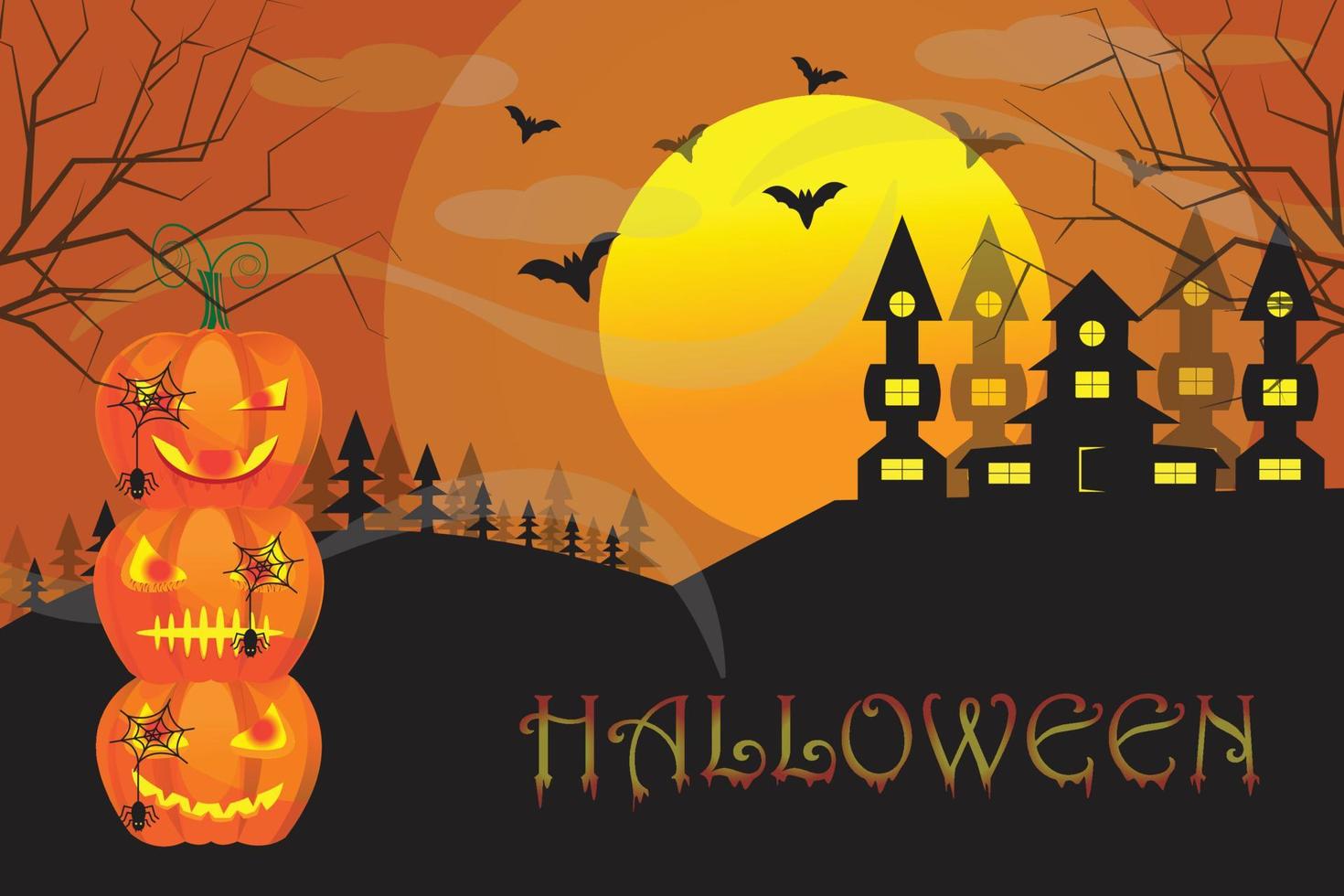 halloween celebration with pumpkins and bats in moonlight and dry tree vector