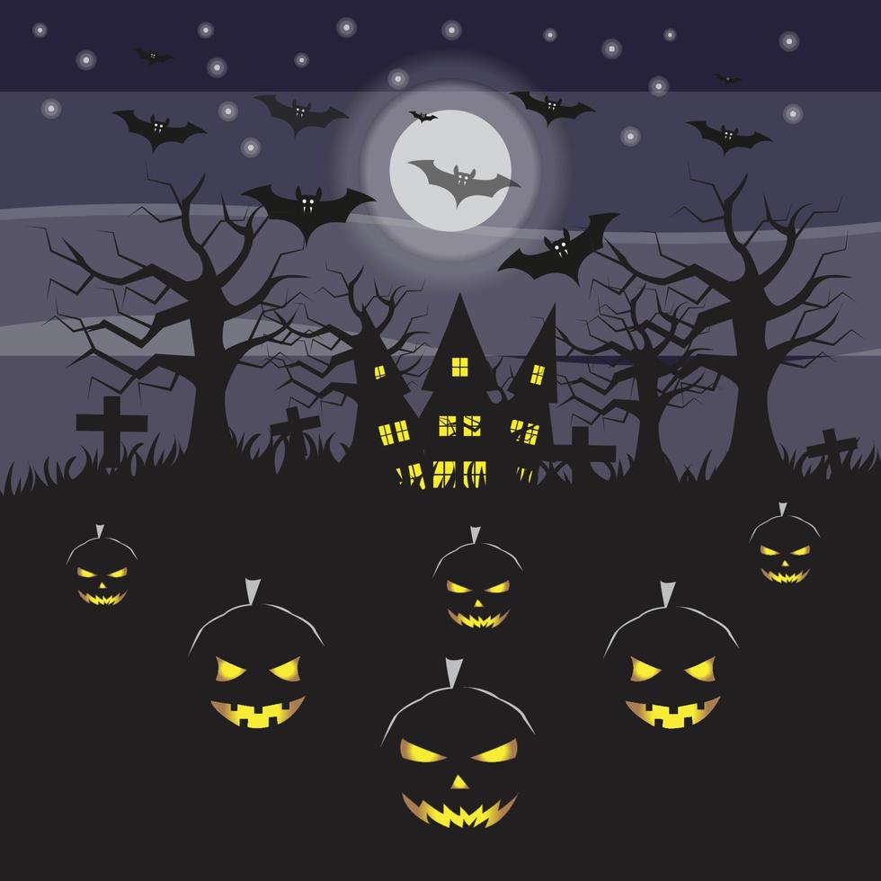 halloween celebration with pumpkins and bats in the moonlight vector