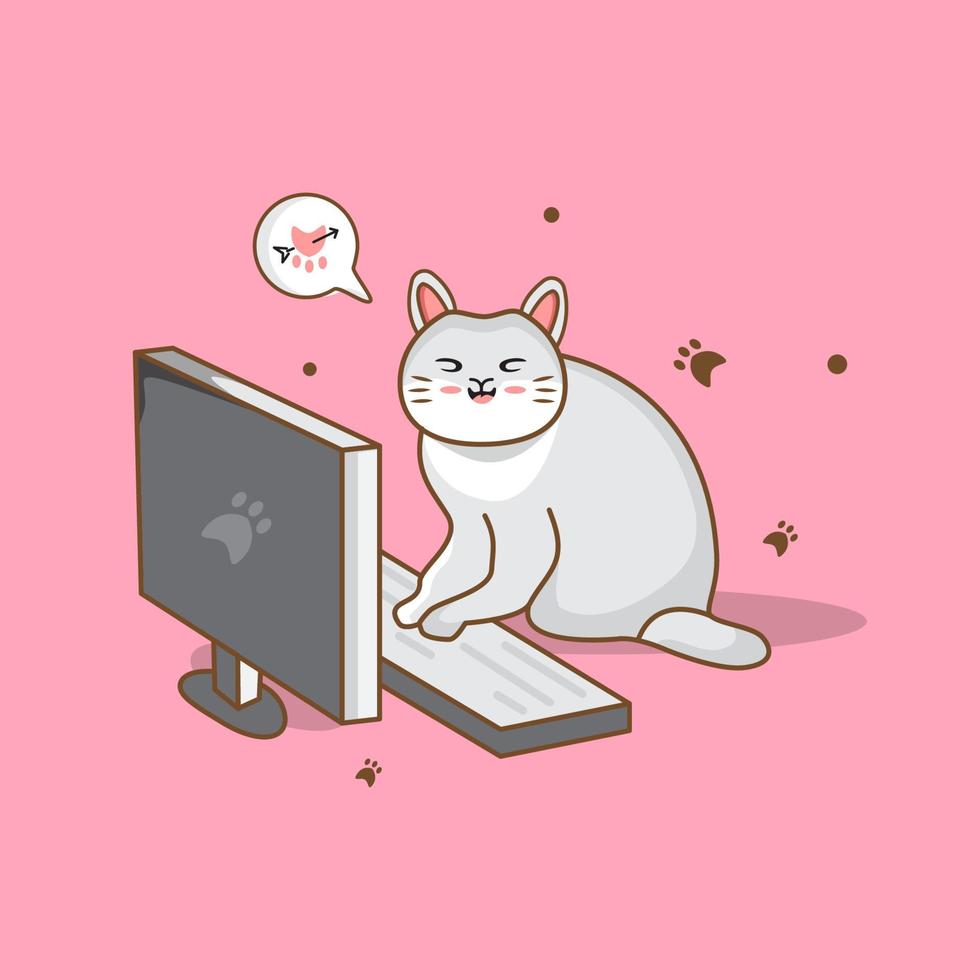 Cat Working On Computer Cartoon Vector Icon Illustration.