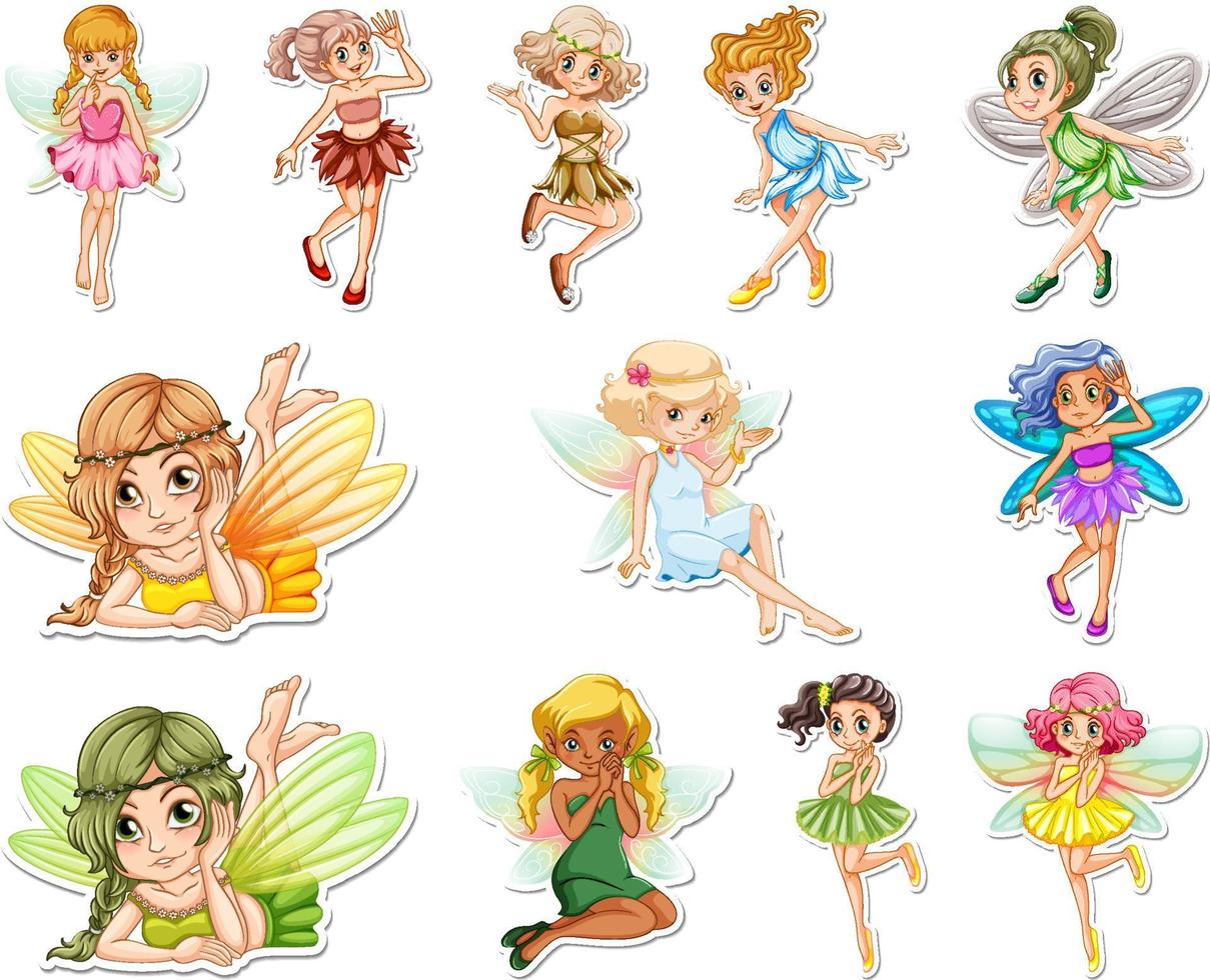 Set of stickers with beautiful fairies and mermaid cartoon character vector