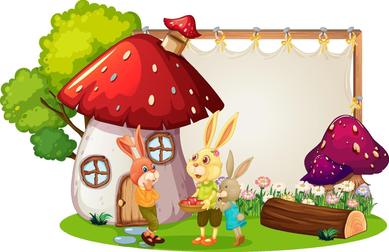 Blank banner in the garden with rabbit family isolated vector