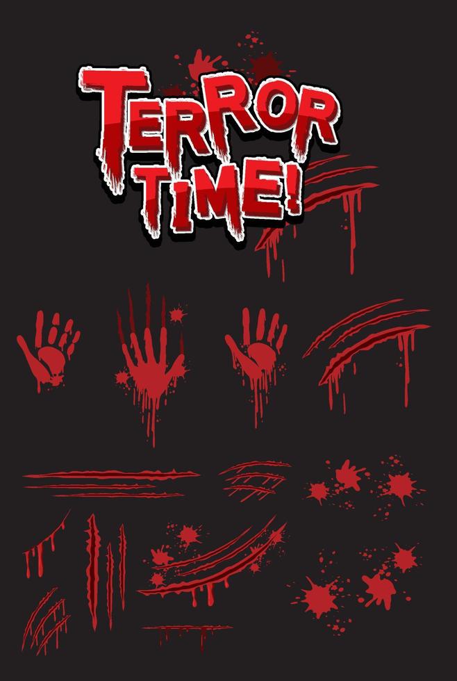 Diseño de texto de tiempo de terror con huellas de manos ensangrentadas vector