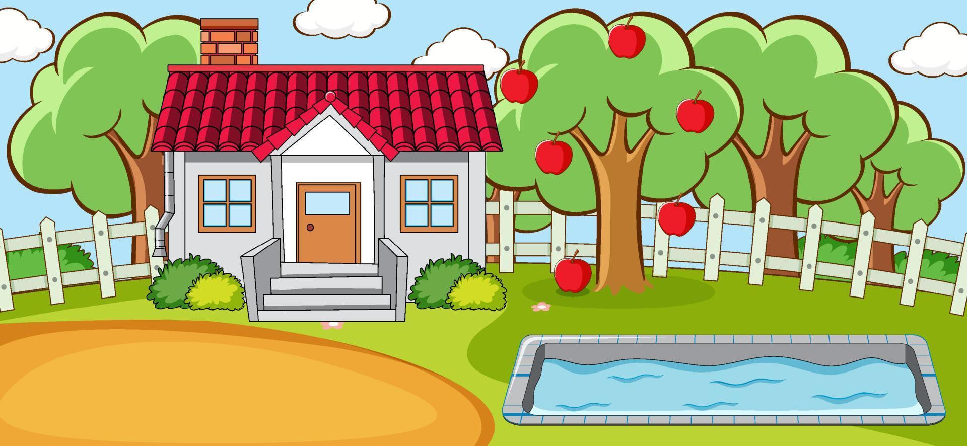 escena horizontal con una mini casa y piscina. vector