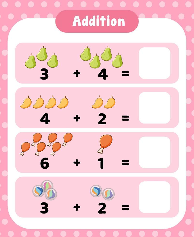 plantilla de hoja de cálculo de matemáticas de adición preescolar vector