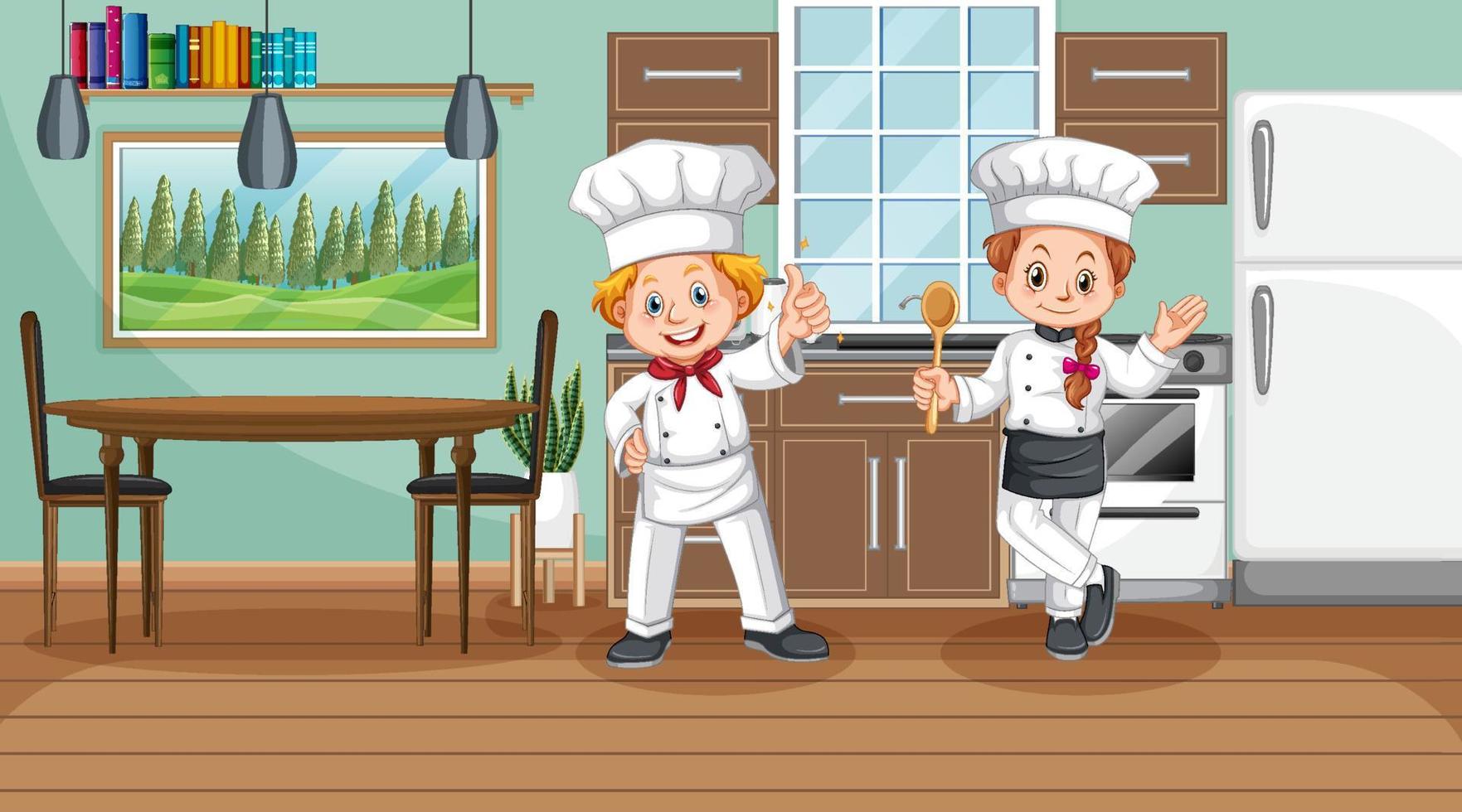 escena de la cocina con dos chefs personaje de dibujos animados vector