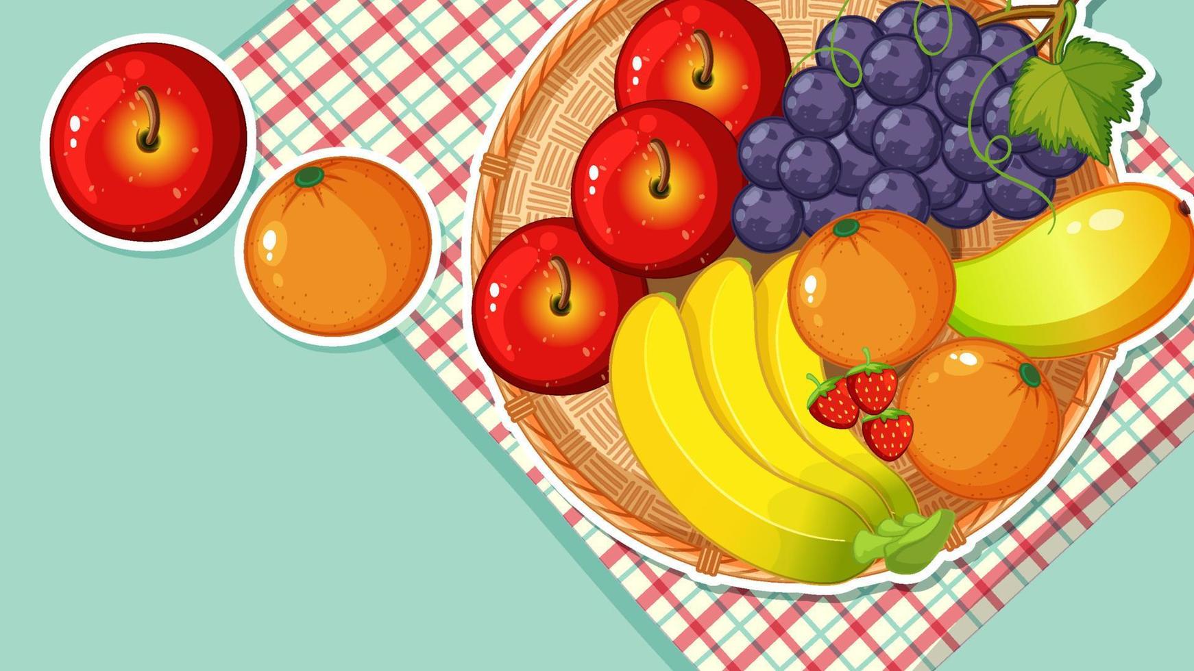 Thumbnail design with many fruits in the table vector