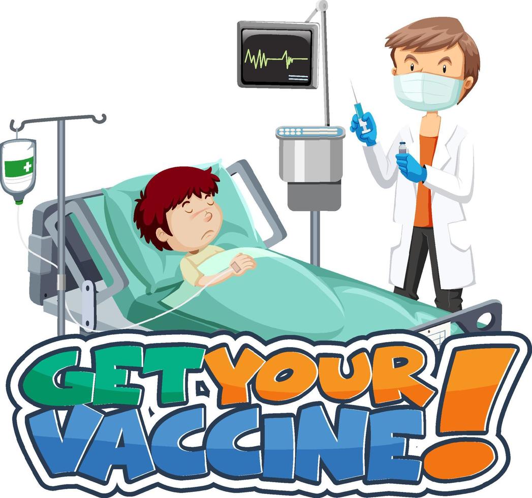 Get Your Vaccine font banner with patient and doctor cartoon character vector