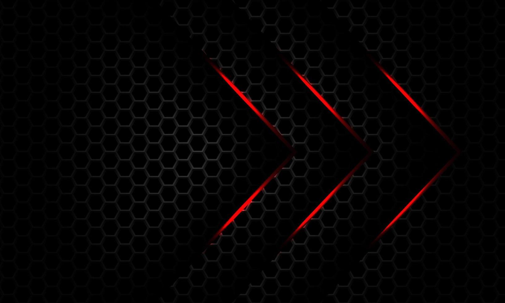 Abstract red light arrow direction overlap on dark grey metallic hexagon mesh pattern design modern luxury futuristic background vector
