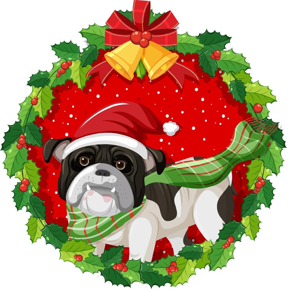 Cartoon bulldog in Christmas wreath isolated vector