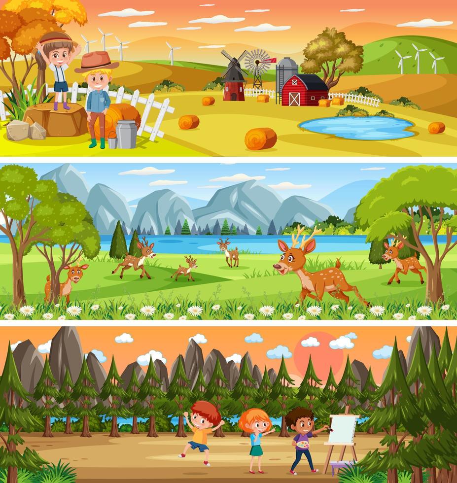 Set of different nature landscape at daytime scene with cartoon character vector