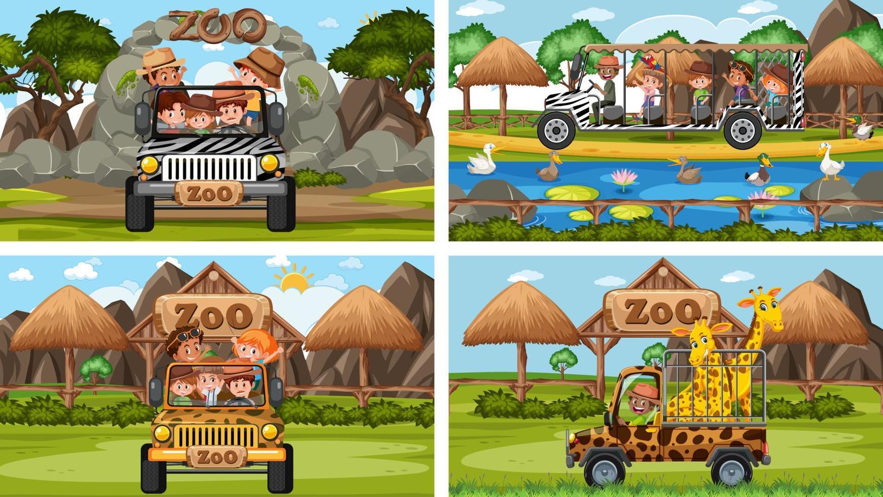 Four different zoo scenes with kids and animals vector