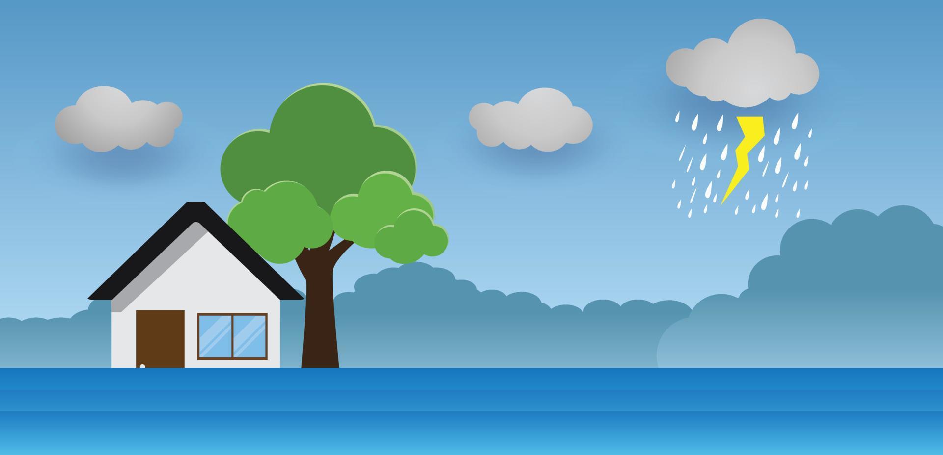 Flood natural disaster with house, heavy rain and storm , damage with home, clouds and rain, flooding water in city, Flooded house. vector