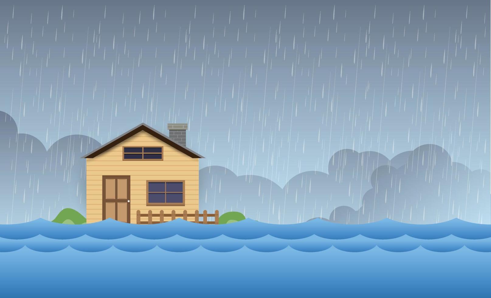 Flood natural disaster with house, heavy rain and storm , damage with home, clouds and rain, flooding water in city. vector