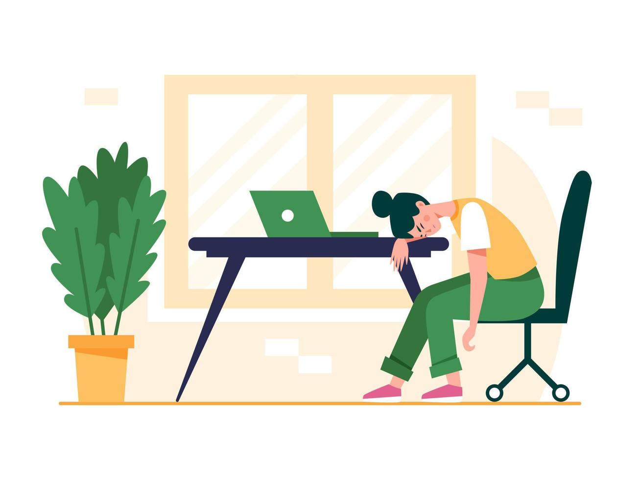 Exhausted woman sitting at the table. Professional burnout concept illustration. Frustrated, tired female office worker, deadline, mental health problem. Flat vector illustration.