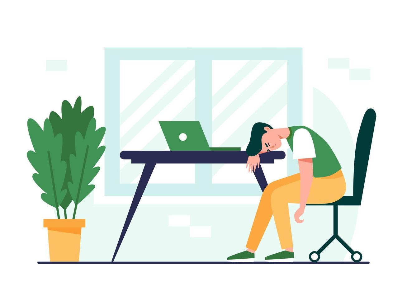 Exhausted man sitting at the table. Professional burnout concept illustration. Frustrated, tired office worker, deadline, mental health problem. Flat vector illustration.