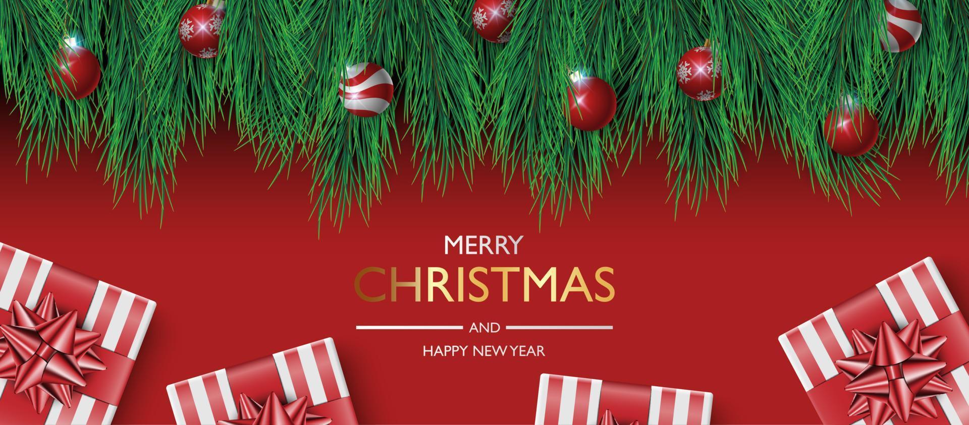 Diseño de fondo de banner navideño, caja de regalos sobre fondo rojo, fondo de portada navideña, tarjeta de felicitación, ilustración vectorial vector