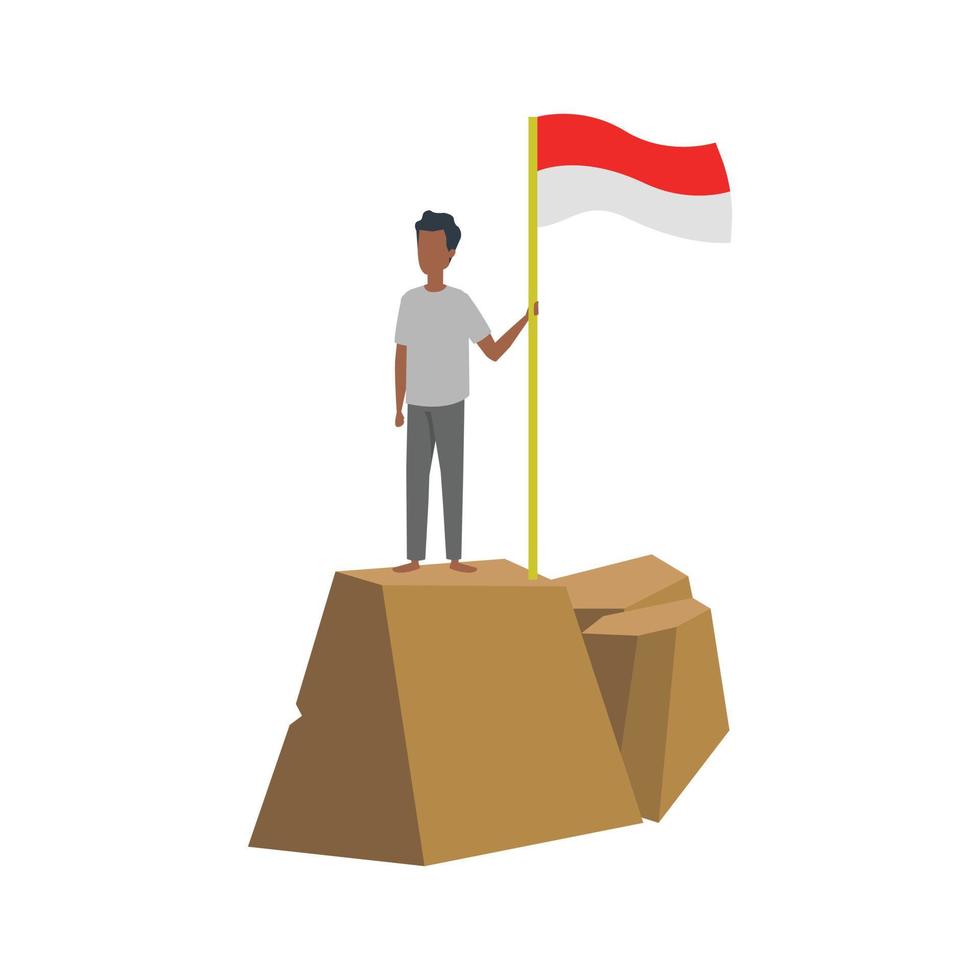 man with Indonesia flag on a Mountain peak, success and mission. Free Vector