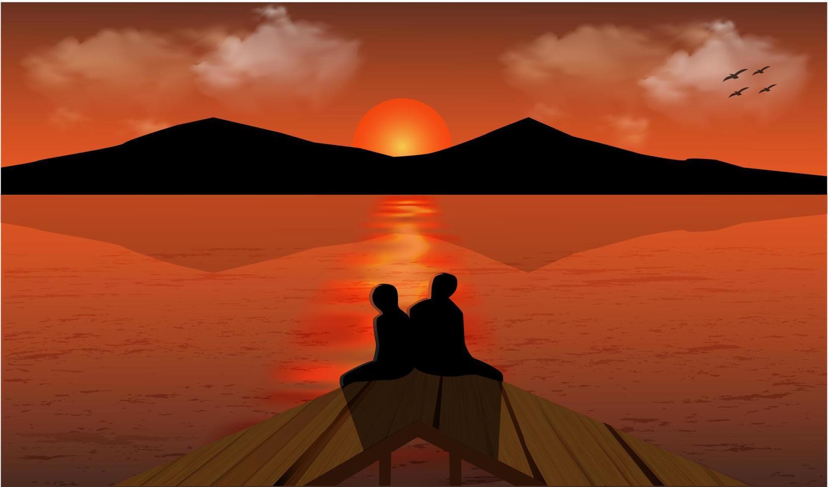 illustration vector graphic of the view of the sunset on the river and the mountain, two people are dating while watching the sunset
