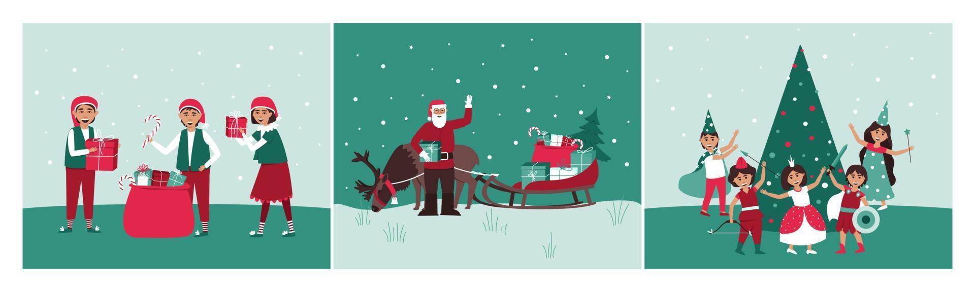 Set of Christmas cards with Santa, children and elves vector